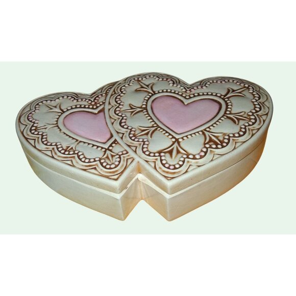 Vintage Heart-Shaped Ceramic Trinket Box With Pink  Beige Design - Picture 2 of 8